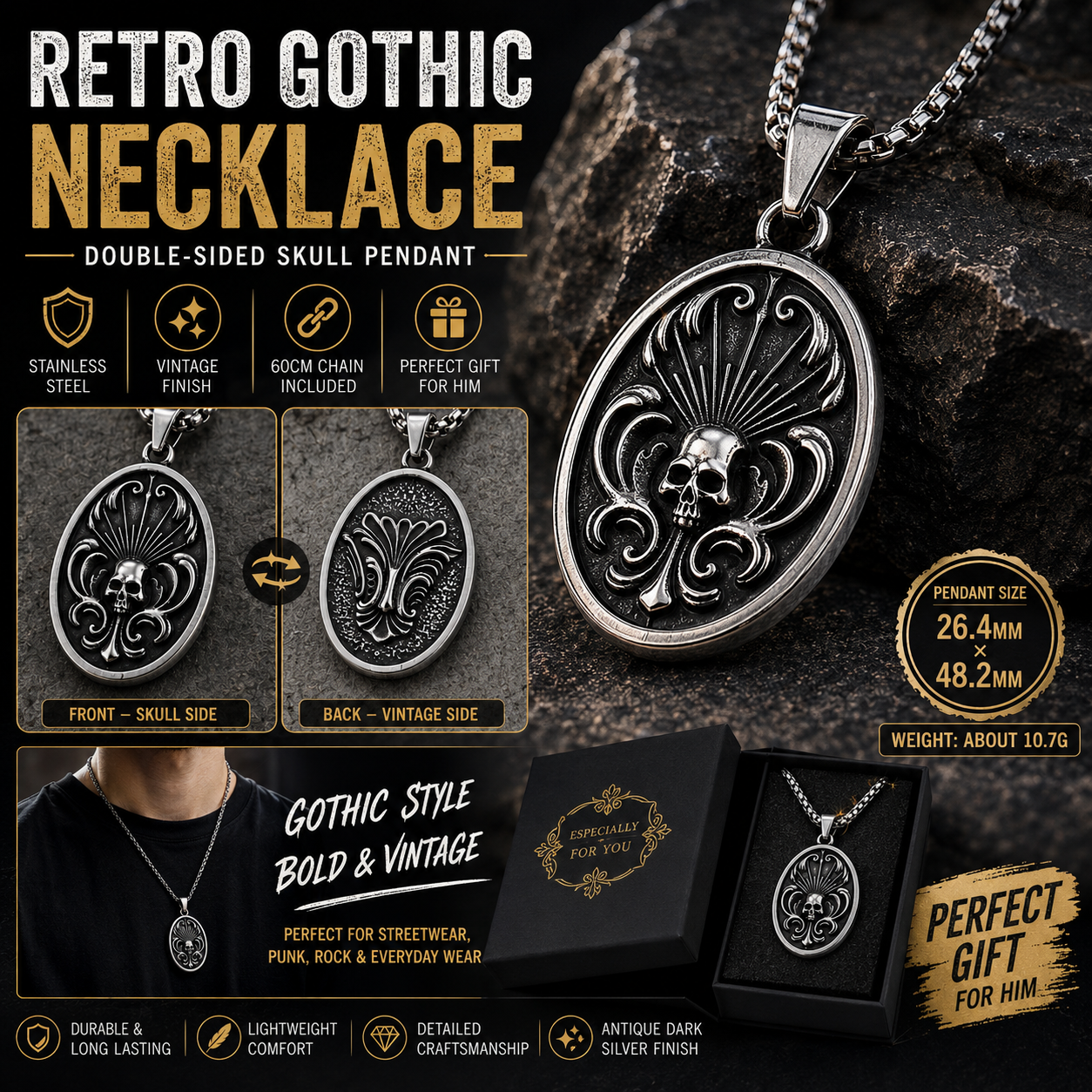 Retro Skull Oval Pendant Necklace Stainless Steel Double-Sided Gothic Necklace with Chain Vintage Punk Jewellery Gift PN0004