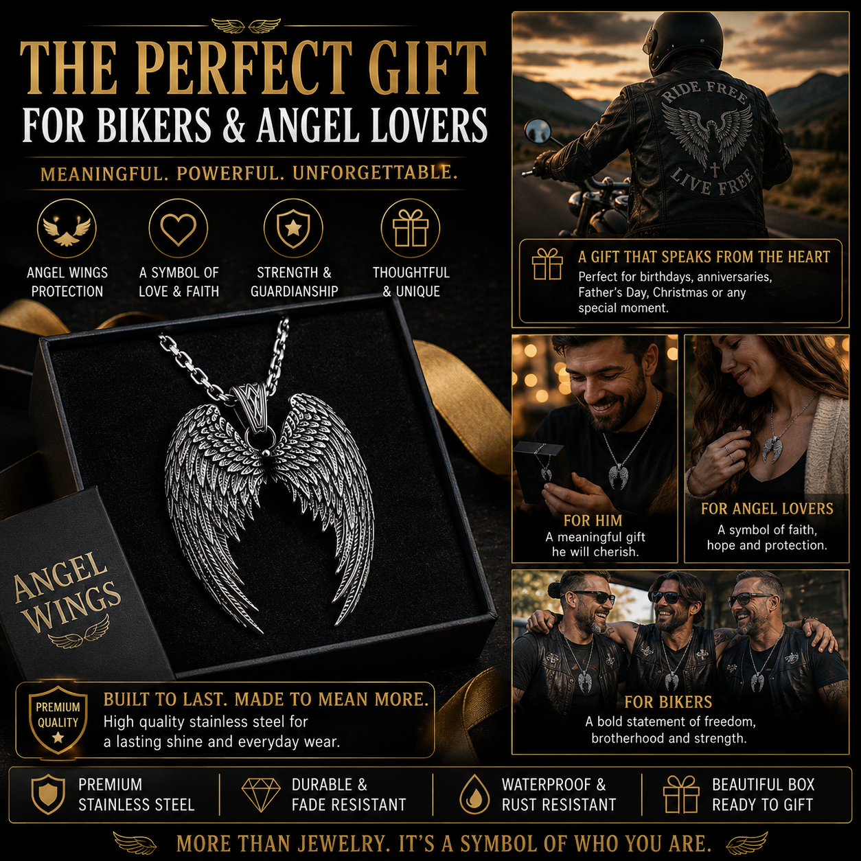 Angel Wings Necklace Stainless Steel Pendant Guardian Wing Gothic Biker Gift Chain #PN0032