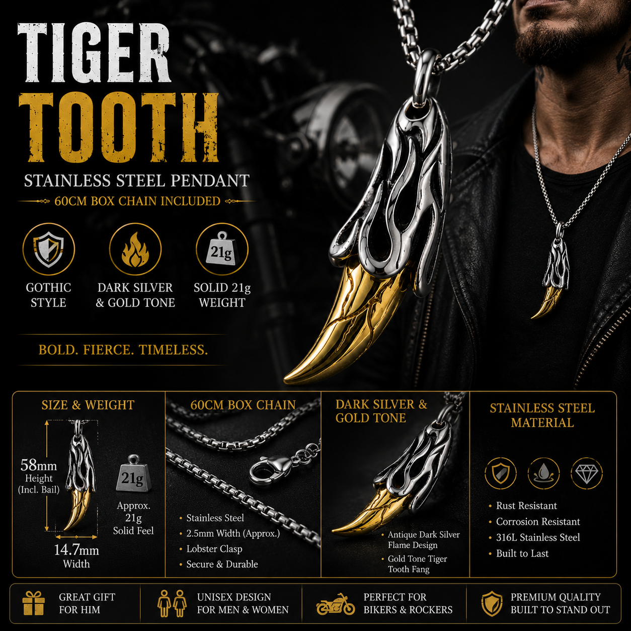 Men Gothic Tiger Tooth Pendant Necklace Dark Silver Flame details Box Chain Gift PN0026