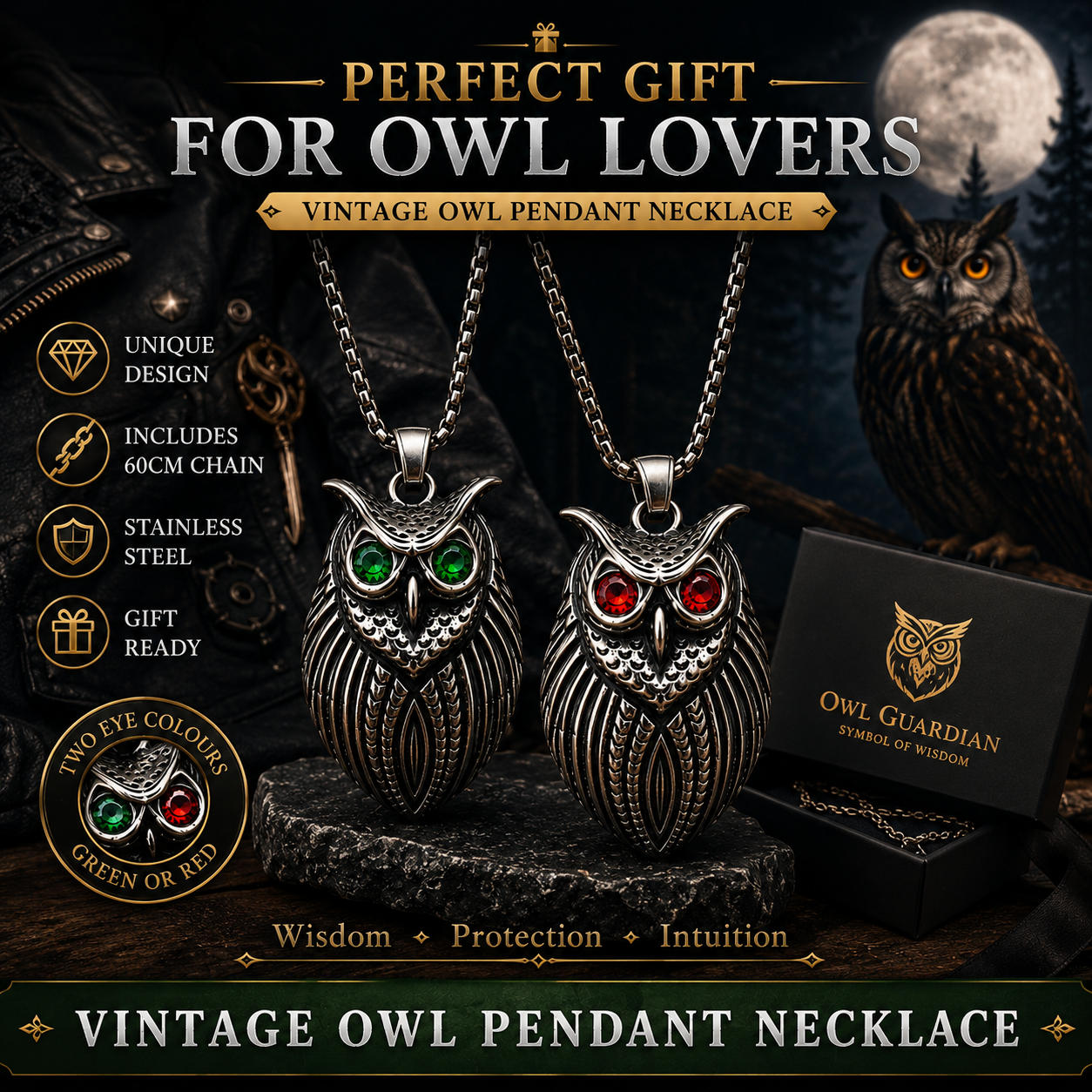 Retro Owl Necklace Stainless Steel Pendant Red Green Gem Eyes Gothic Animal Charm Chain Gift PN0027
