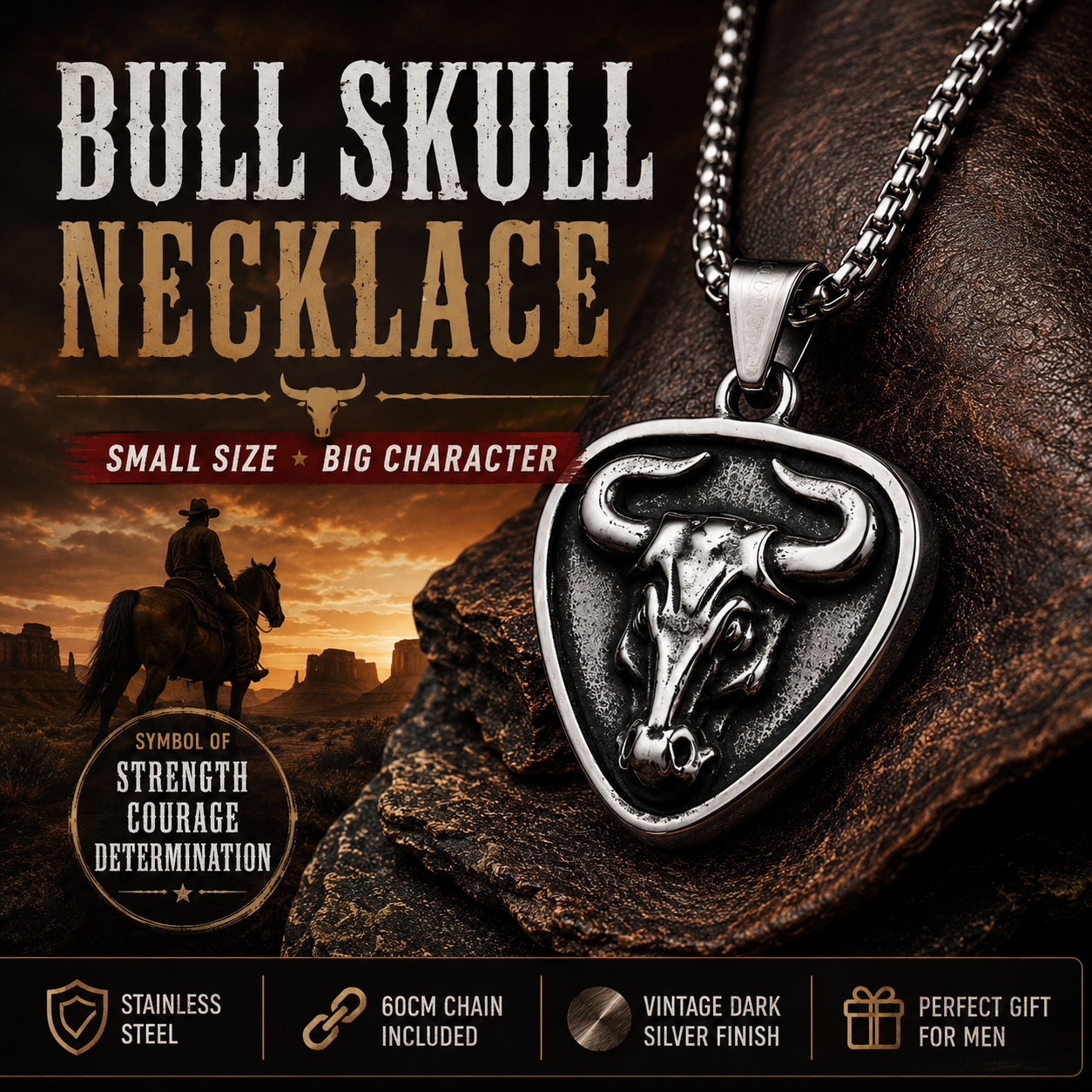 Vintage Bull Skull Pendant Necklace for Men Stainless Steel Ox Head Amulet Dark Silver Tone Chain Gift PN0005