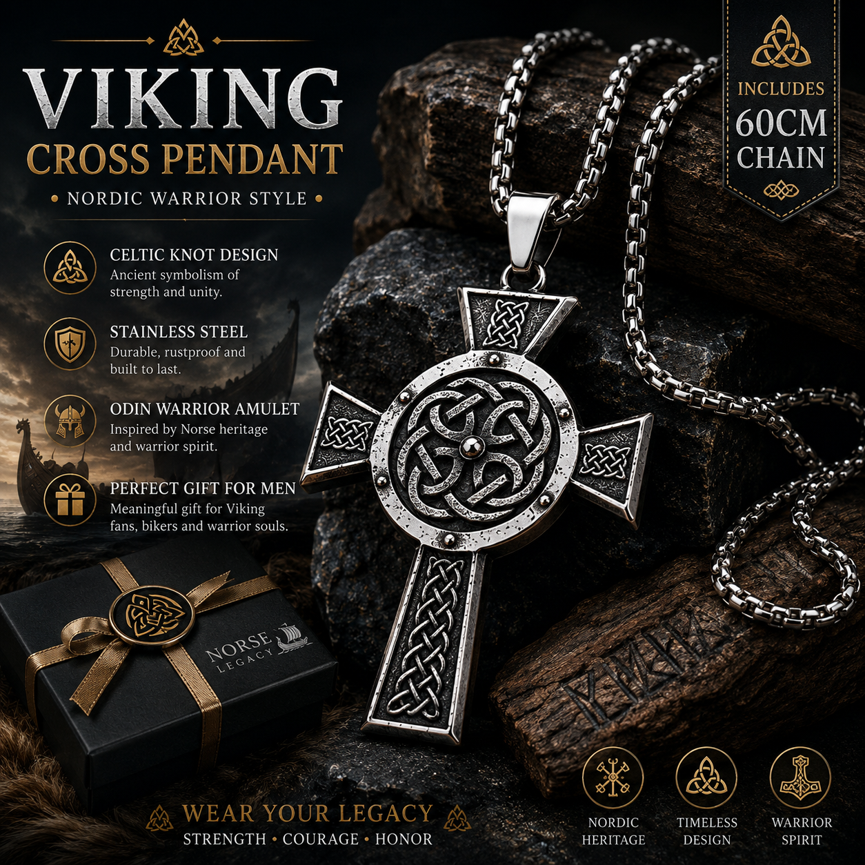 Men's Viking Cross Pendant Necklace Celtic Knot Nordic Odin Warrior Amulet Stainless Steel Chain Gift PN0161