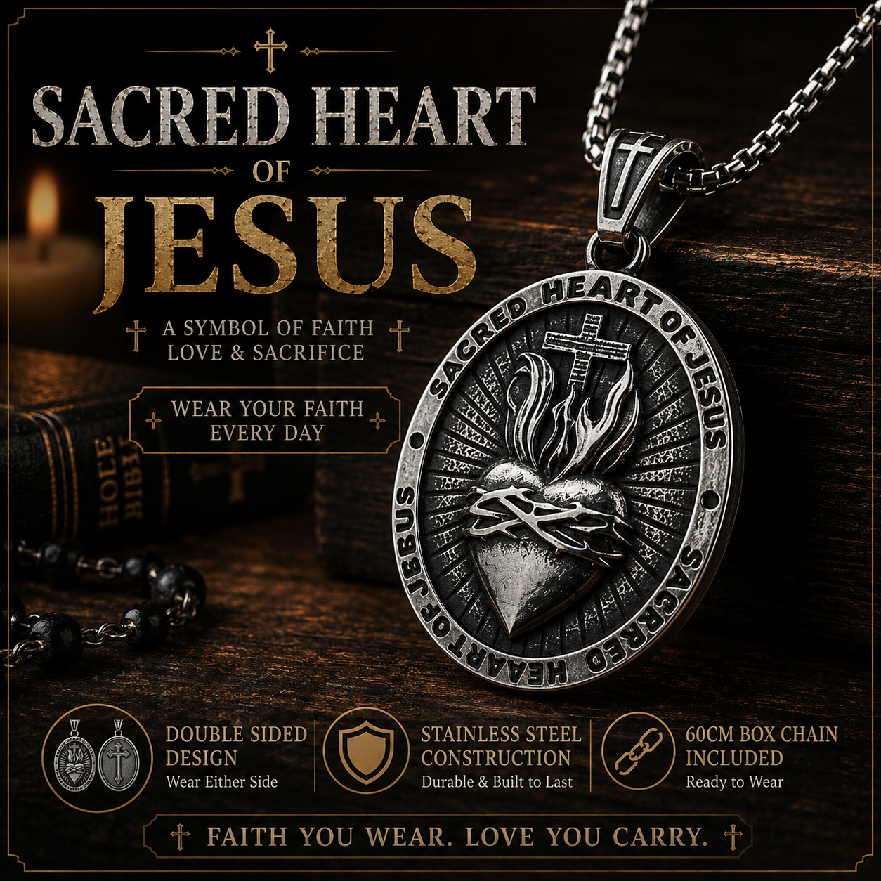 Sacred Heart of Jesus Pendant Necklace for Men Women, Double Sided Stainless Steel Christian Cross Medal, Vintage Dark Silver Religious Necklace with 60cm Box Chain, Catholic Faith Gift #PN0031