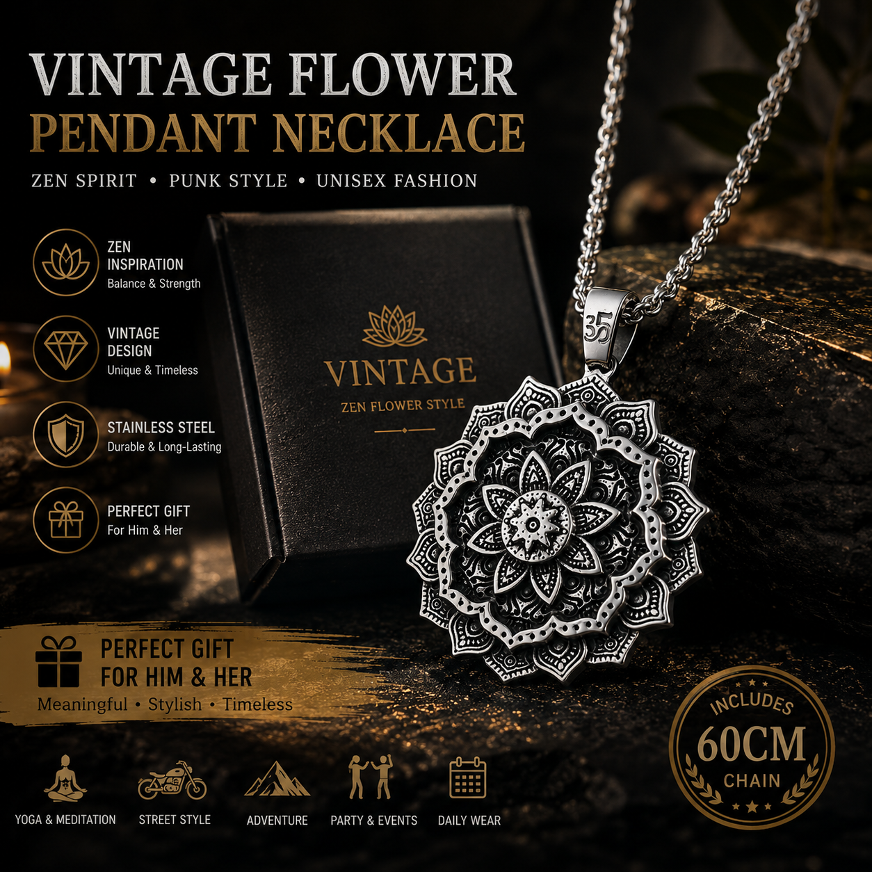 Unisex Vintage Flower Pendant Necklace Stainless Steel Zen Yoga Punk Necklace with 60cm Chain Gift for Men Women PN0016
