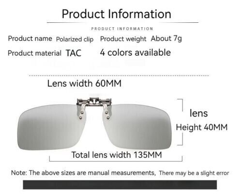 Unisex Square Polarized Colour Changing Sunglasses Clip-on Day Night Vision