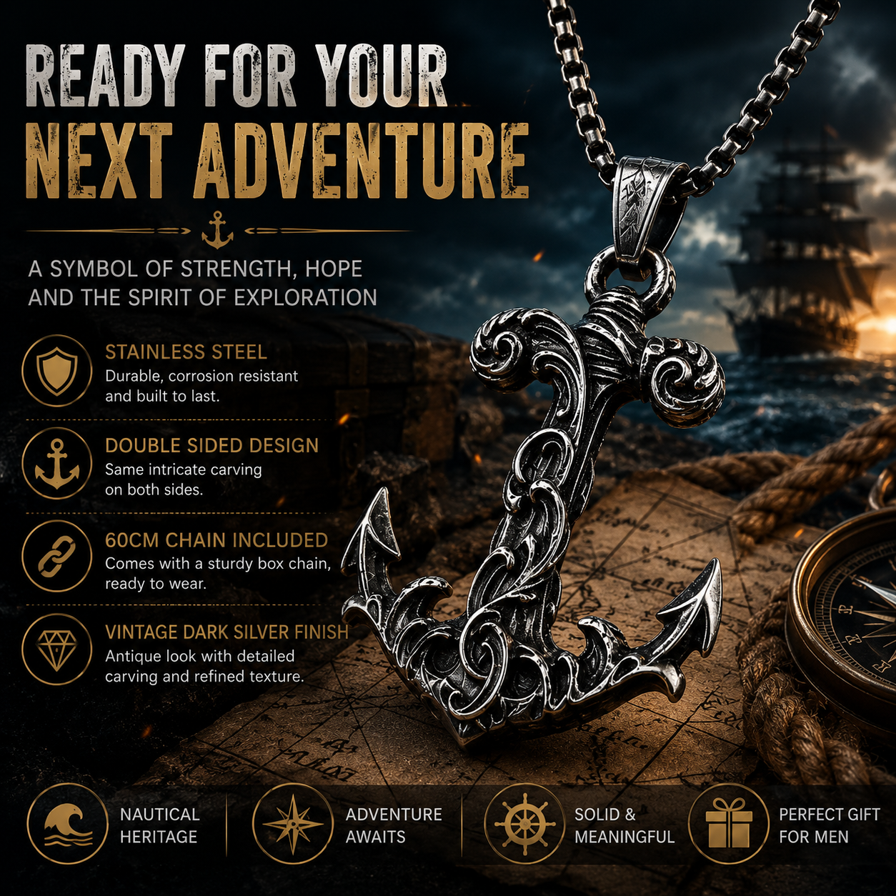 Vintage Carved Anchor Pendant Necklace Stainless Steel Nautical Gothic Marine Chain Gift For Men PN0003