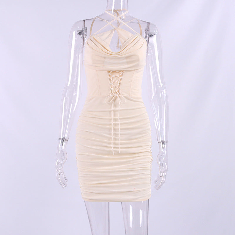 Women Sexy Halter Neck Backless Cross Frenulum Tight Fitting Miniskirt Dress