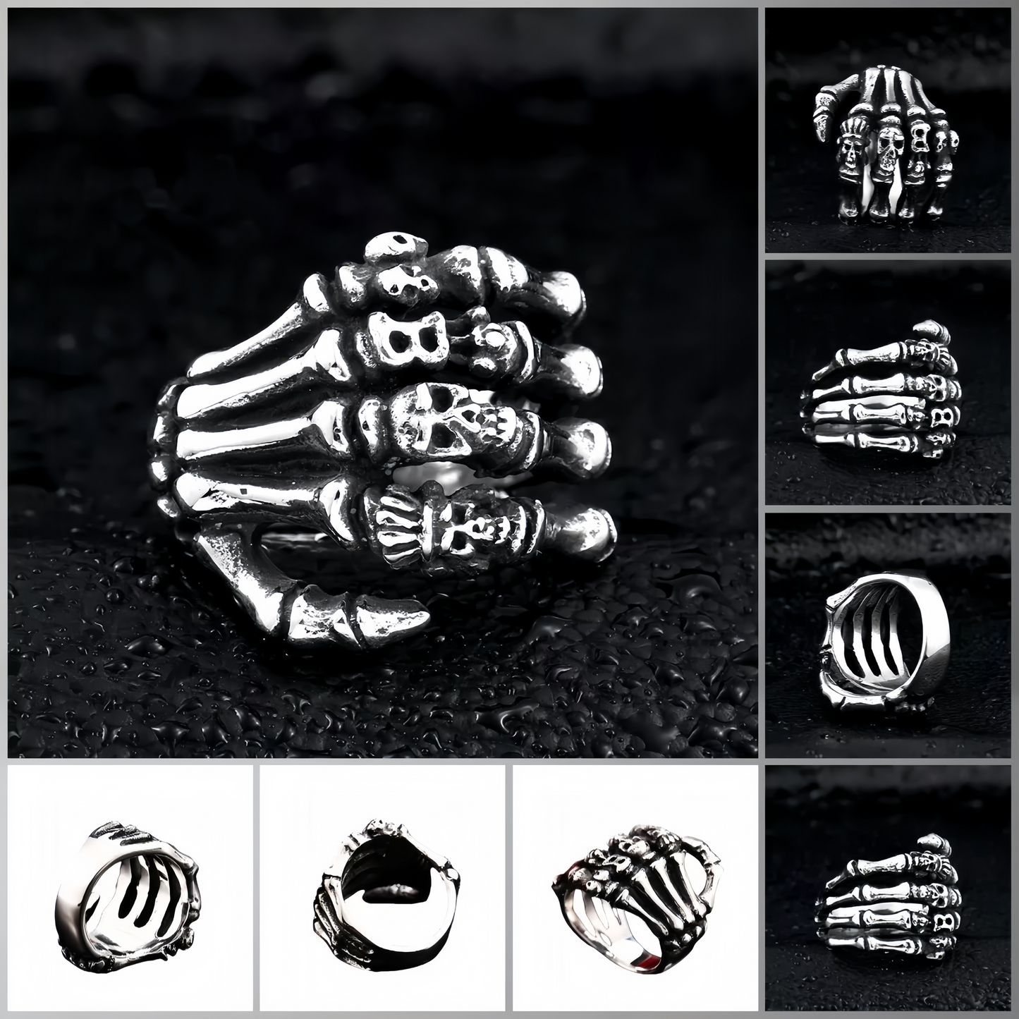 Men's Punk Skeleton Hand Skull Ring Rock Biker Vintage Silver Plated Gothic Band # R160