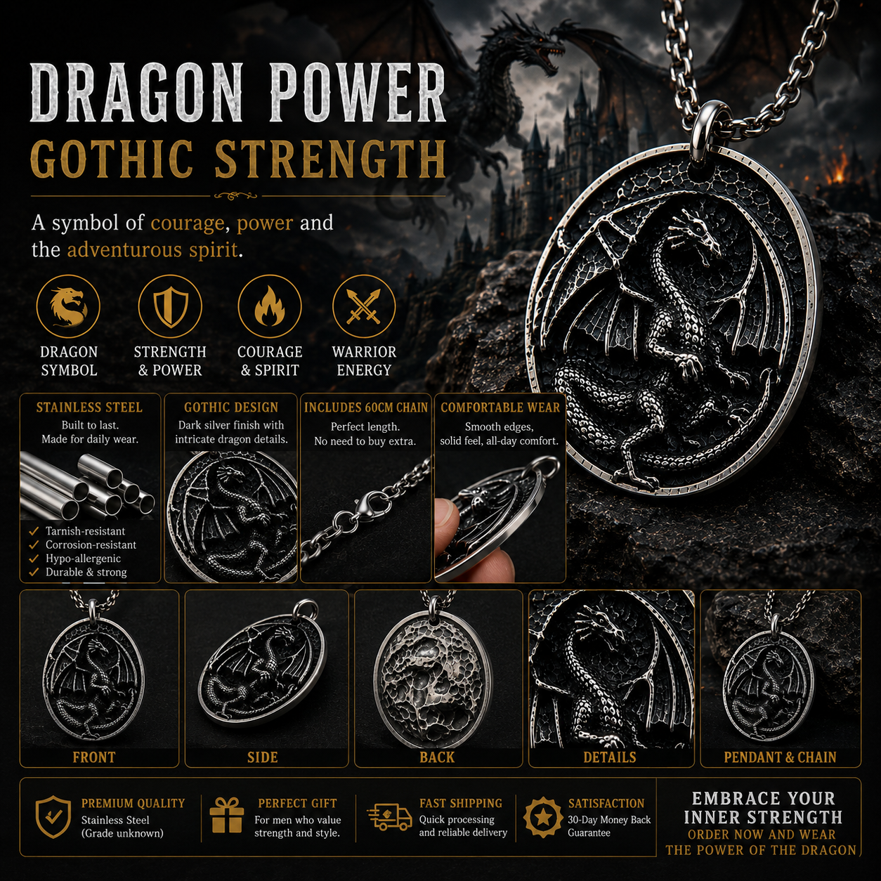 Vintage Dragon Pendant Necklace for Men Stainless Steel Gothic Biker Fantasy Style Necklace Dark Silver Finish Chain PN0020