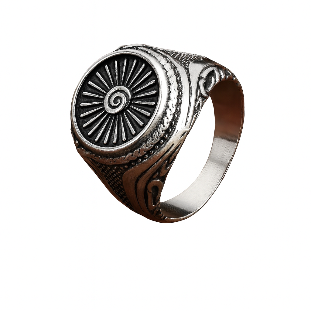 Men Silver Tone Nordic Viking Sun Wheel Signet Ring Norse SpiralAmulet Symbol of Strength & Protection # R328