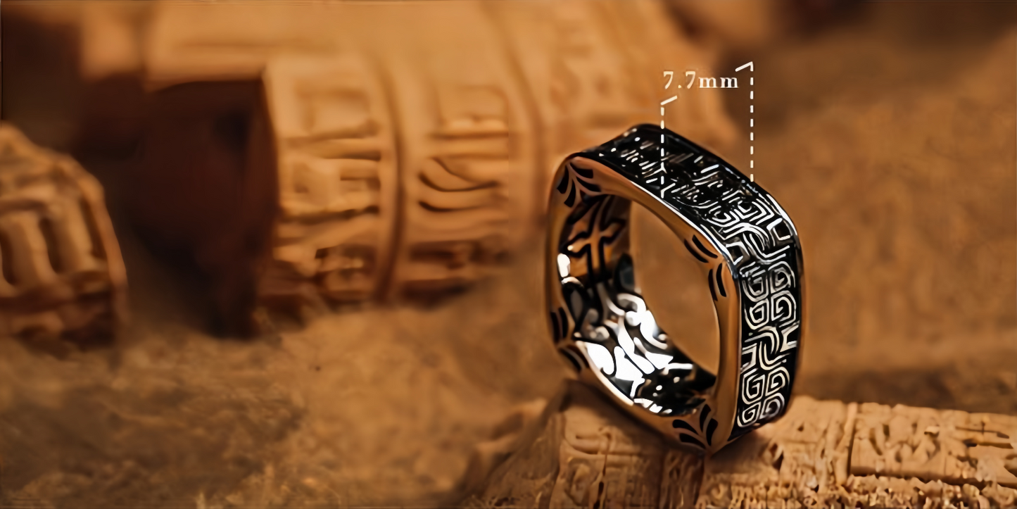 Men Vintage Norse Square Ring Dark Aesthetic Gothic Jewelry Totem Engraving Band R348