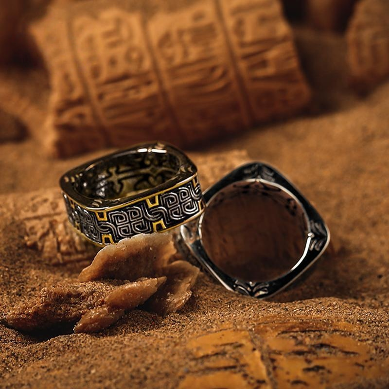 Men Vintage Norse Square Ring Dark Aesthetic Gothic Jewelry Totem Engraving Band R348