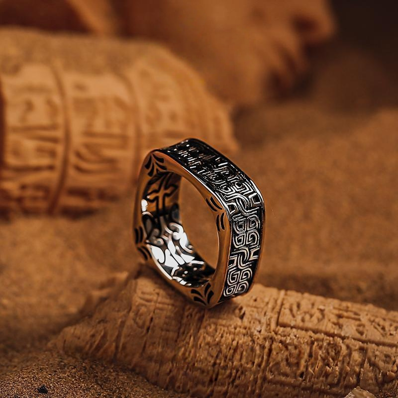 Men Vintage Norse Square Ring Dark Aesthetic Gothic Jewelry Totem Engraving Band R348