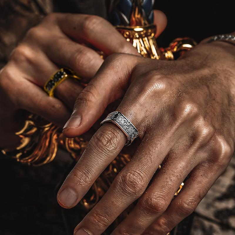 Men Vintage Norse Square Ring Dark Aesthetic Gothic Jewelry Totem Engraving Band R348