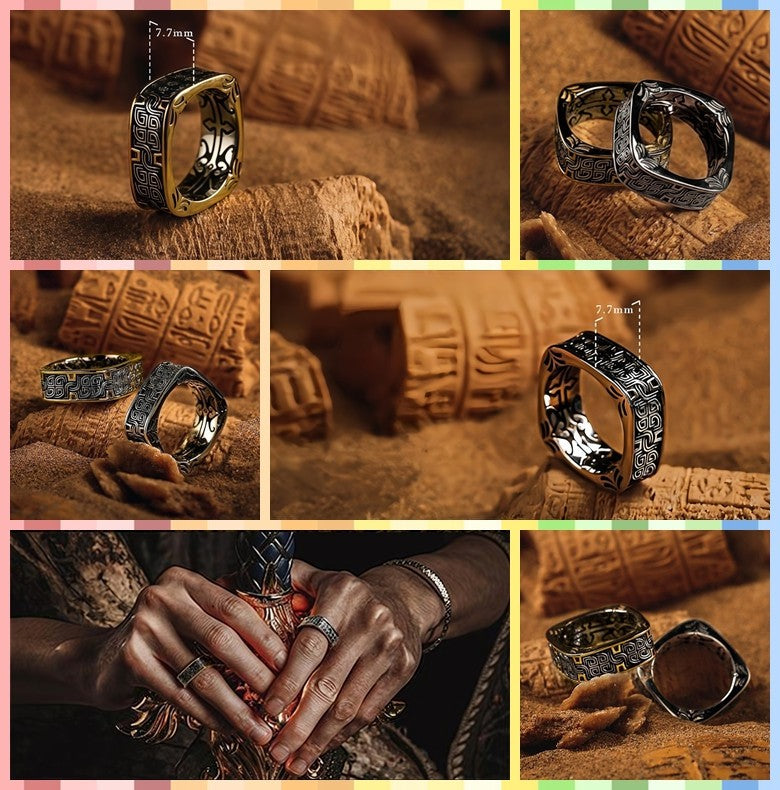 Men Vintage Norse Square Ring Dark Aesthetic Gothic Jewelry Totem Engraving Band R348
