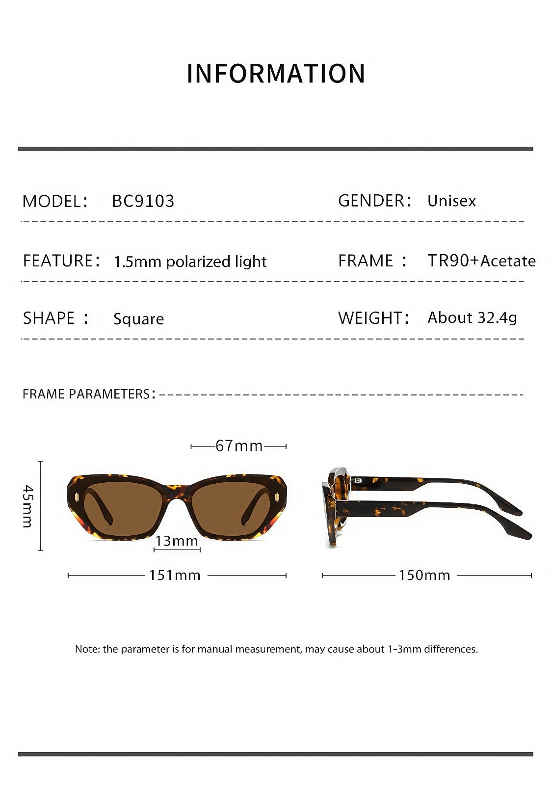 Women's Polarized Sunglasses Square Retro Rivet UV400 Anti-Glare Outdoor Driving # BC9103