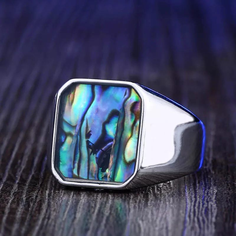 Men Retro Abalone Shell Signet Ring Ocean-Inspired Blue & Green Inlay Vintage Statement Unique Gift # R276