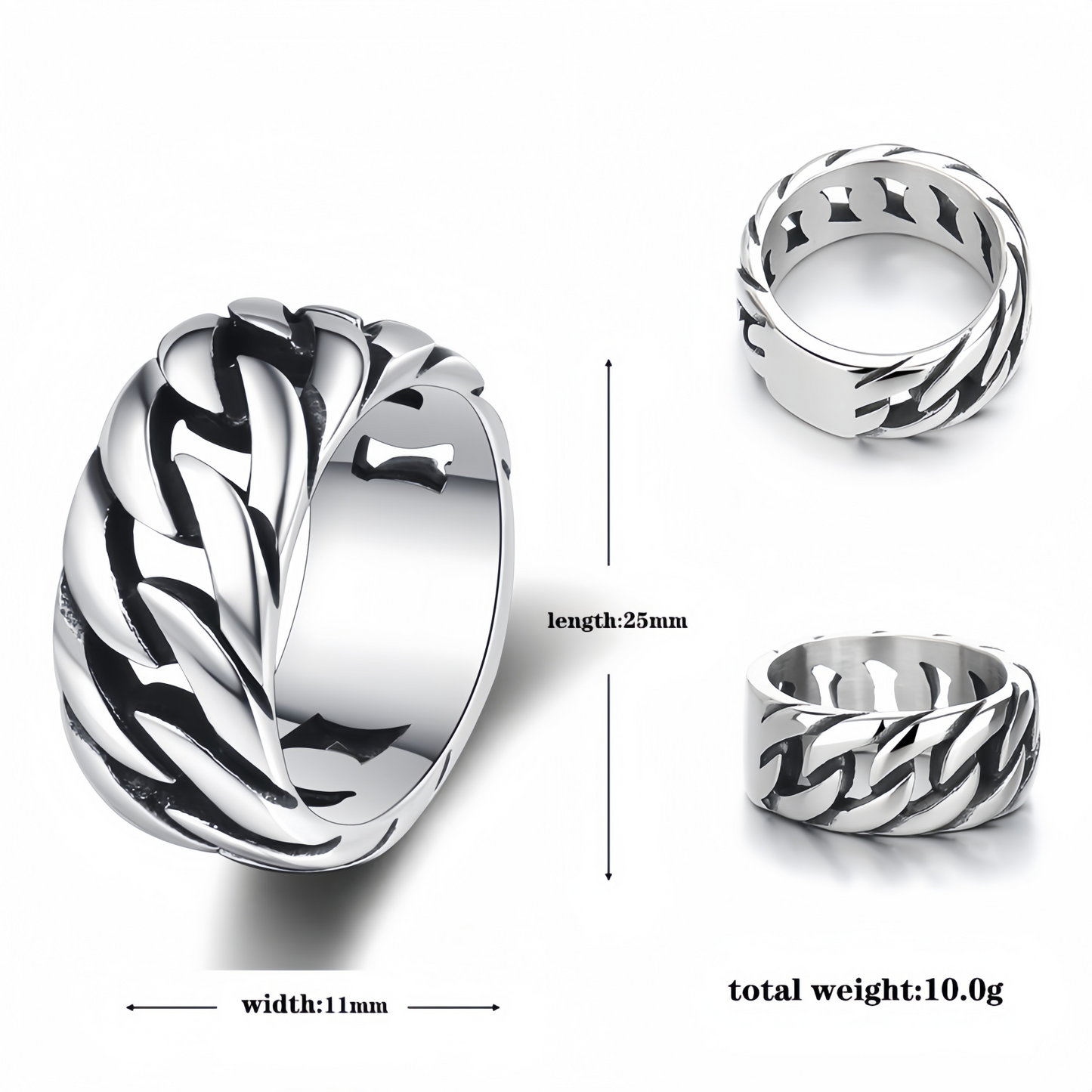 Men Cuban Link Chain Stainless Steel Rings Chunky Polished Band Biker Punk Style R215