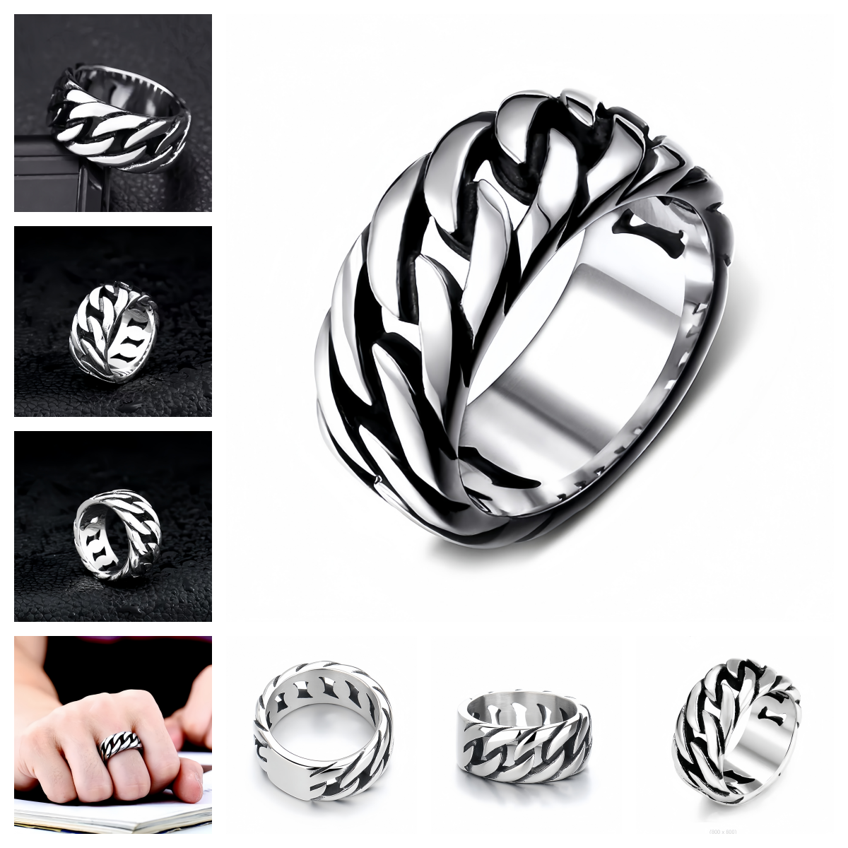 Men Cuban Link Chain Stainless Steel Rings Chunky Polished Band Biker Punk Style R215