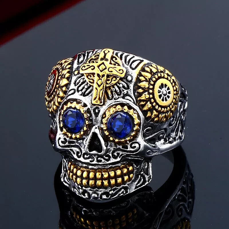 Men Individuality Amulet Stone Strength Edgy Cross Craft Totem Skull Biker Rings # R260