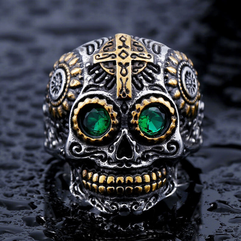Men Individuality Amulet Stone Strength Edgy Cross Craft Totem Skull Biker Rings # R260