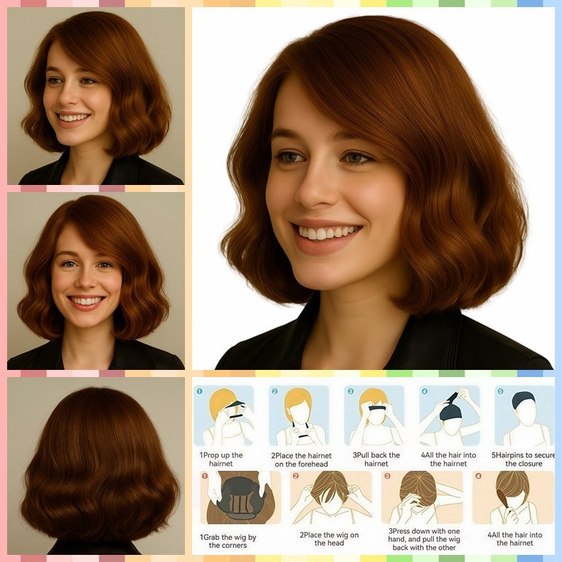 Women Daily Vintage Wavy Bob Wig Natural Looking Short Curly Hair with Side Part # 1444