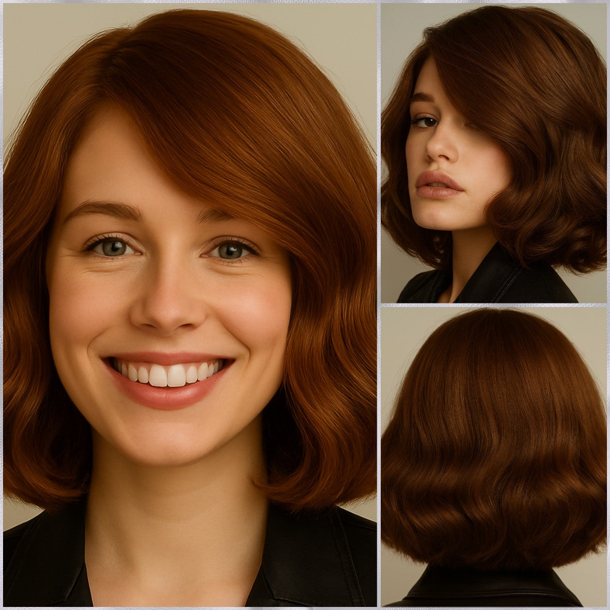 Women Daily Vintage Wavy Bob Wig Natural Looking Short Curly Hair with Side Part # 1444