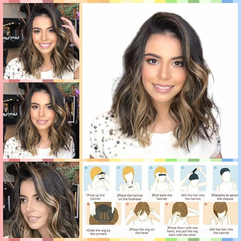 Women Breathable Natural Wavy Bob Wig with Highlight Windproof Stylish Synthetic Hair # 1009