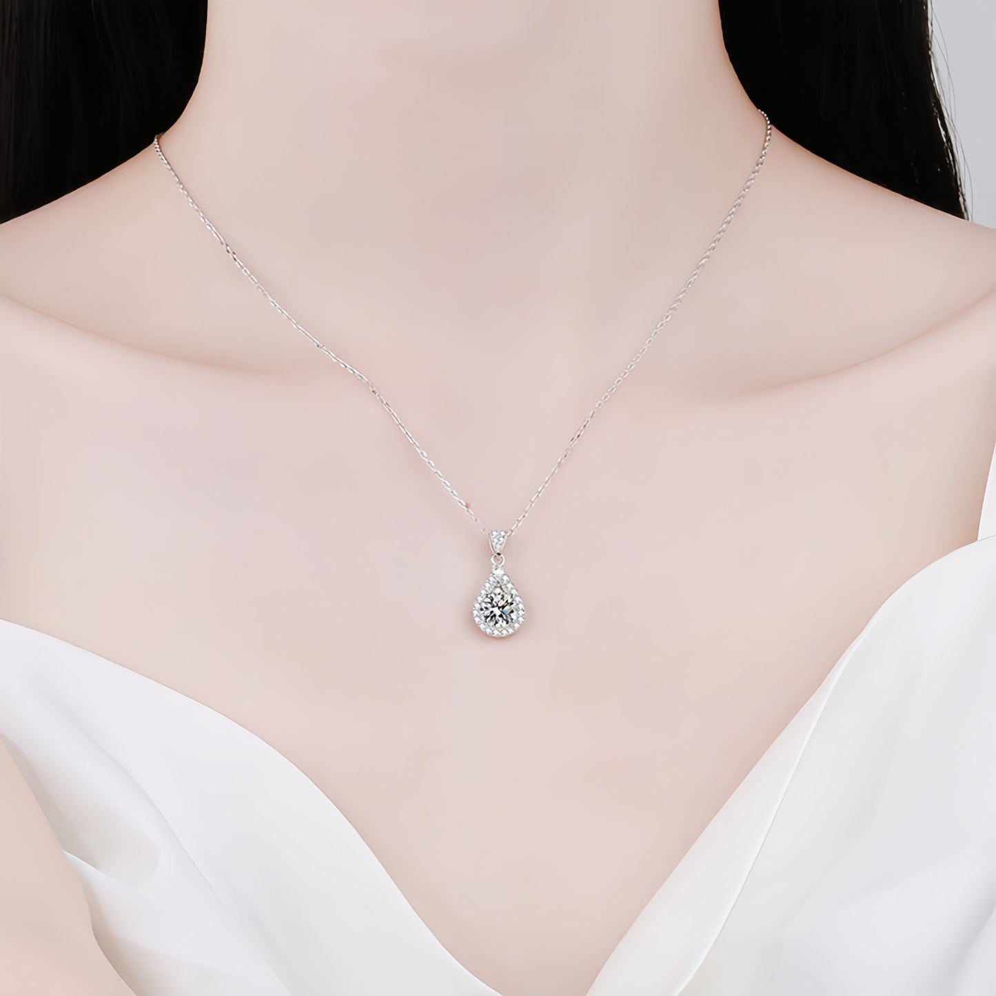 Women Elegant 1CT Waterdrop Moissanite Pendant Party Wedding Engagement Necklace M0198
