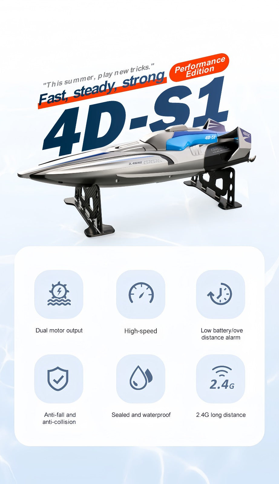 2.4GHz Waterproof S1 Long Range Wireless Remote Control High Speed Boat Toy Gift