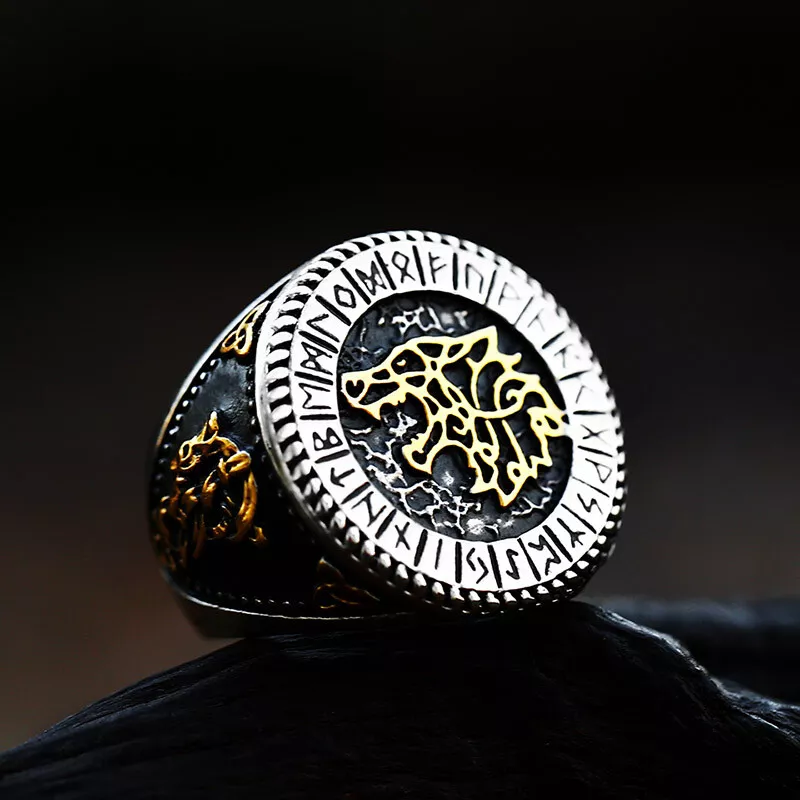 Men Viking Wolf Head Signet Ring Norse Elder Futhark Runes Celtic Knot Band Gift # R288