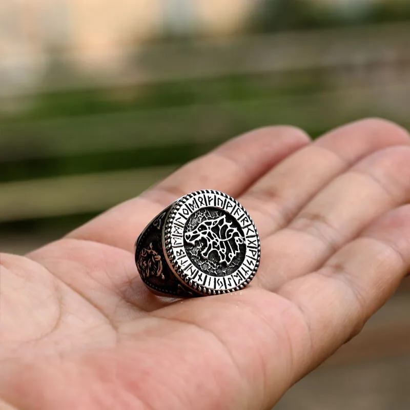 Men Viking Wolf Head Signet Ring Norse Elder Futhark Runes Celtic Knot Band Gift # R288