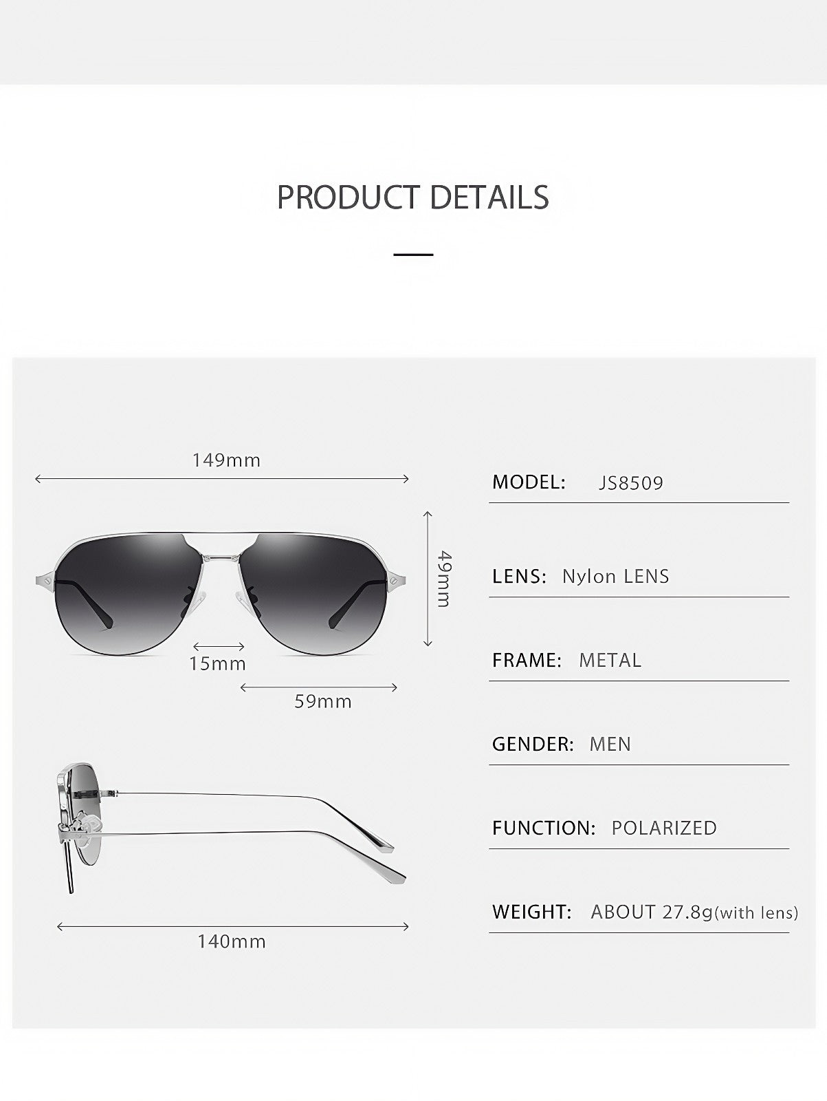 Men Polarized Aviator Sunglasses Lightweight UV400 Anti Glare Double Beam Design # JS8509