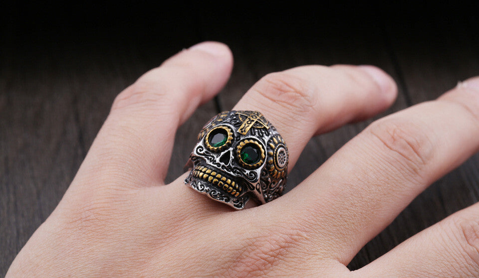 Men Individuality Amulet Stone Strength Edgy Cross Craft Totem Skull Biker Rings # R260
