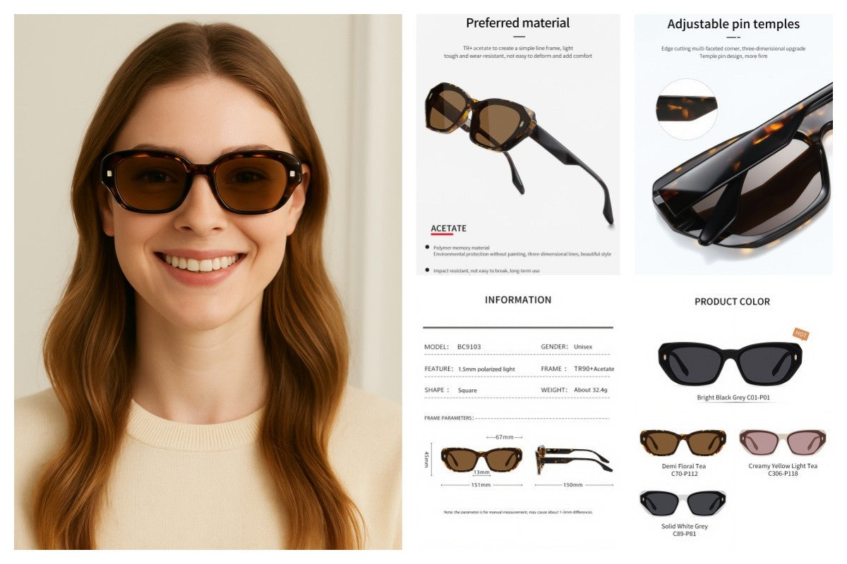 Women's Polarized Sunglasses Square Retro Rivet UV400 Anti-Glare Outdoor Driving # BC9103