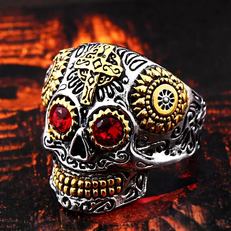 Men Individuality Amulet Stone Strength Edgy Cross Craft Totem Skull Biker Rings # R260