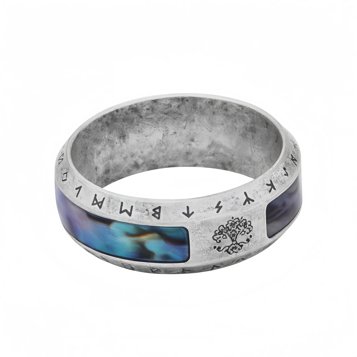 Men Viking Tree of Life Ring Abalone Nordic Engraved Rune Yggdrasil Symbol Band R351