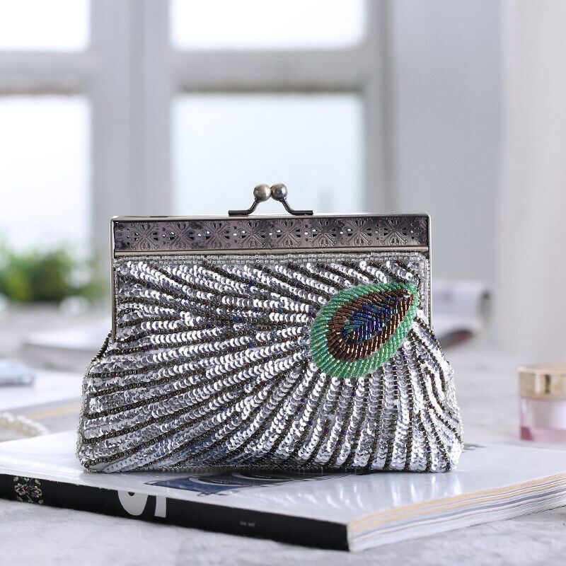 Women Bridal Metal Frame Sequined Bead Party Wedding Handbag Prom Evening Clutch