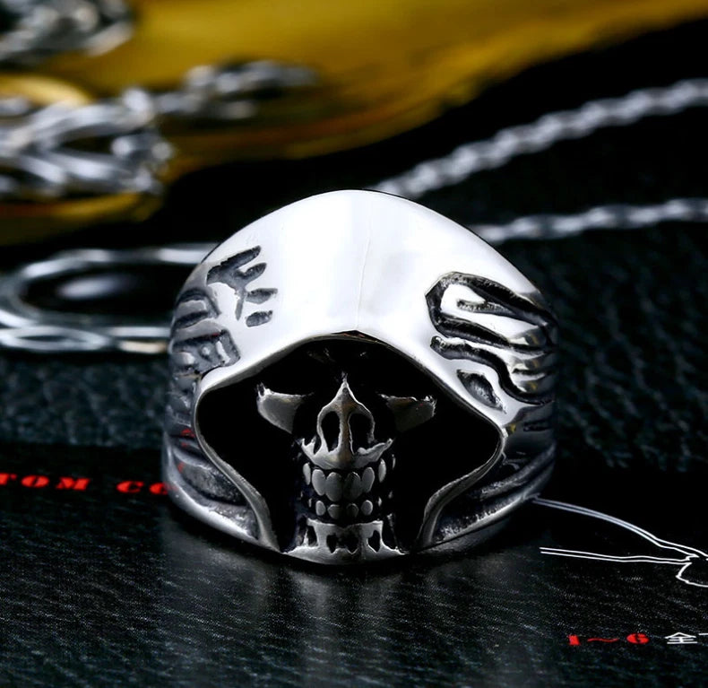 Men Grim Reaper Skull Ring Gothic Hooded Skeleton Design Biker Silver Tone Band # R87