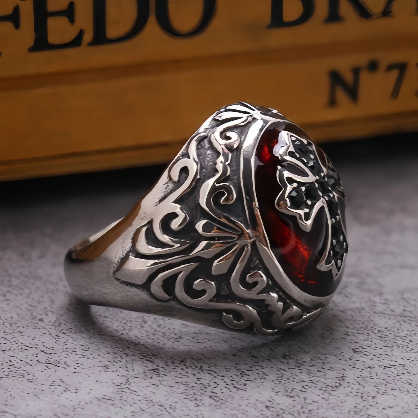 Men Gothic Cross Ring Silver with Black Cross & Red Inlay Punk Biker Signet Band # R37