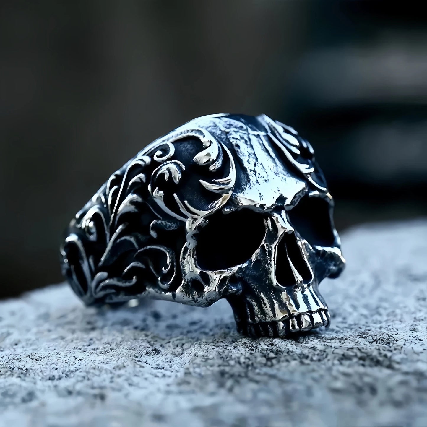 Men Gothic Skull Ring Detailed Carved Skeleton Design Vintage Silver Plated Band # R288