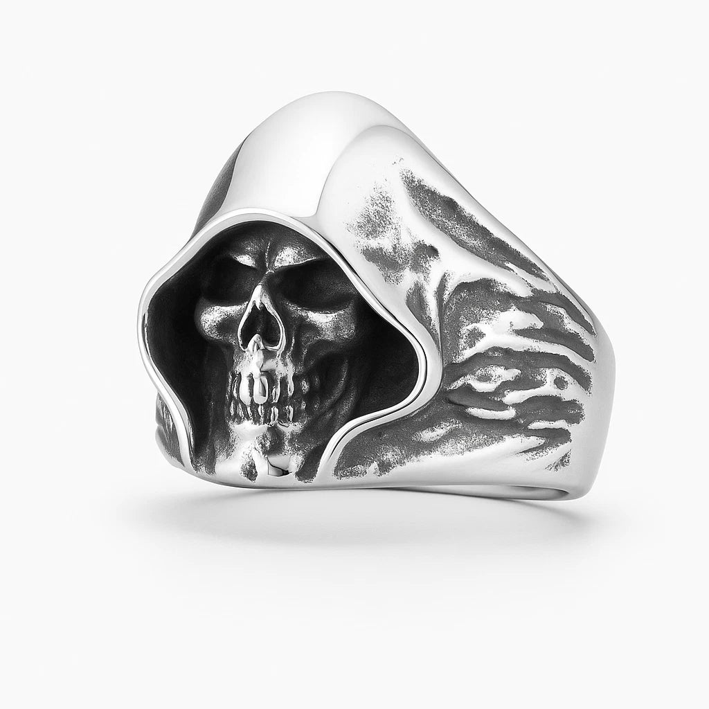 Men Grim Reaper Skull Ring Gothic Hooded Skeleton Design Biker Silver Tone Band # R87