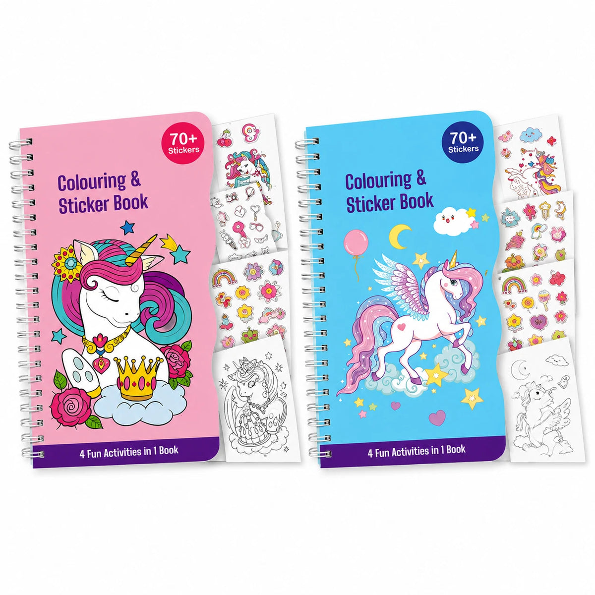 2x Creative Unicorn Colouring & Stickers Activity Book Kids Spiral Bound Craft Fun Pink & Blue Mixed Set