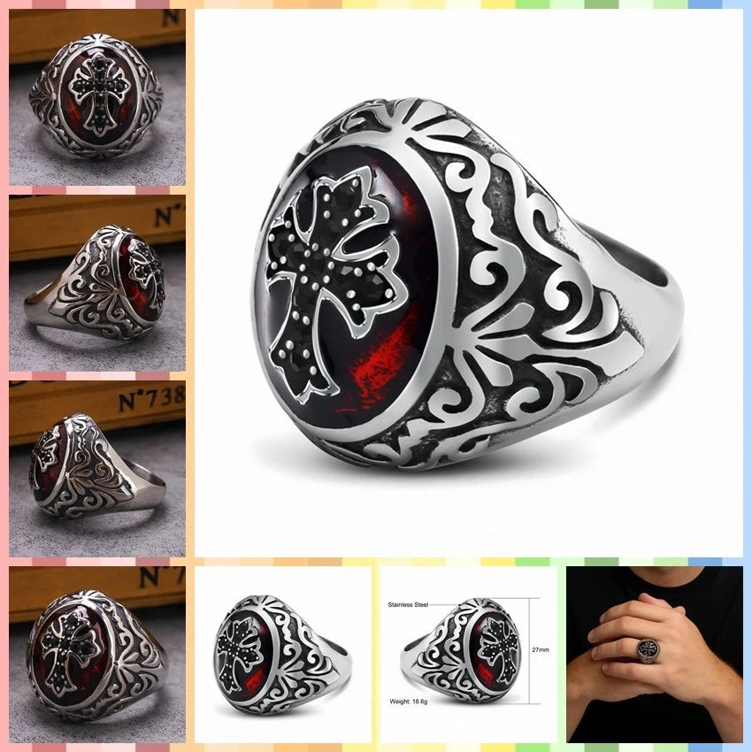 Men Gothic Cross Ring Silver with Black Cross & Red Inlay Punk Biker Signet Band # R37