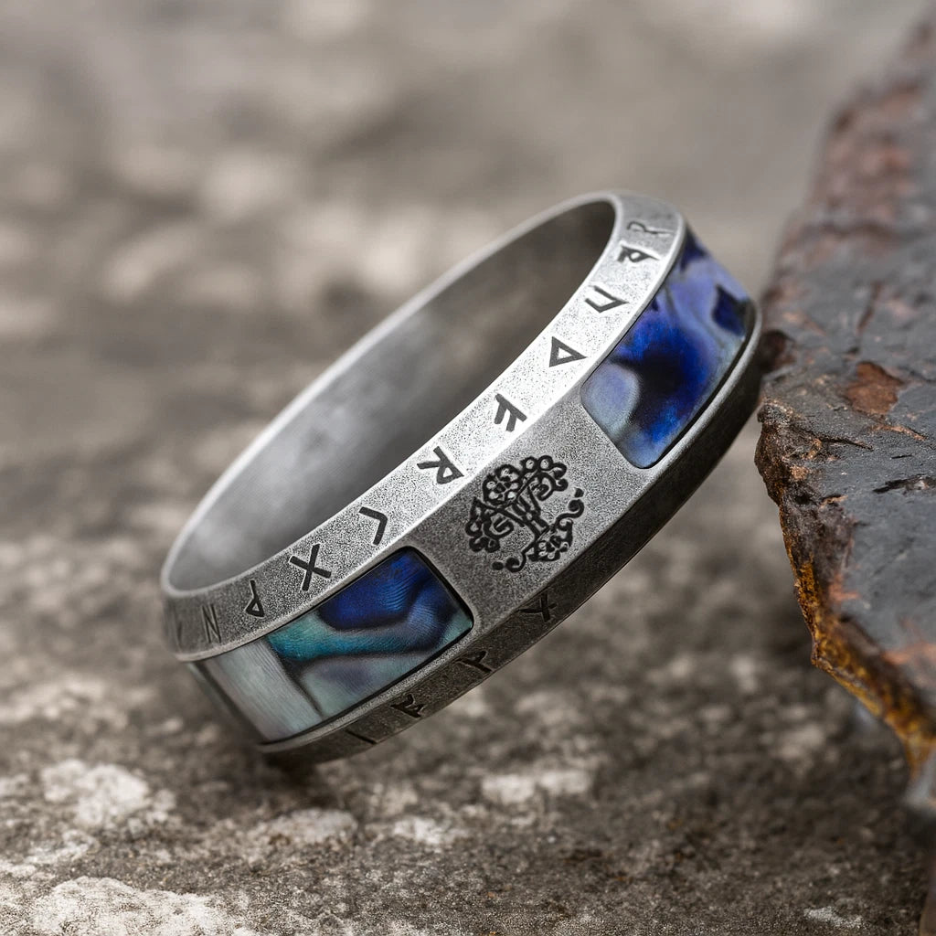 Men Viking Tree of Life Ring Abalone Nordic Engraved Rune Yggdrasil Symbol Band R351