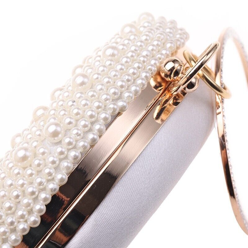 Fashion Woman Pearl Rhinestone Round Elegant Wedding Clutch Evening Party Bag