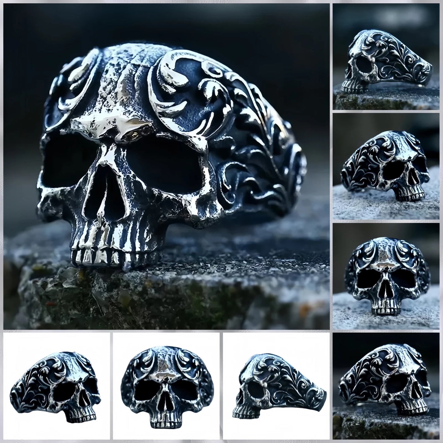 Men Gothic Skull Ring Detailed Carved Skeleton Design Vintage Silver Plated Band # R288