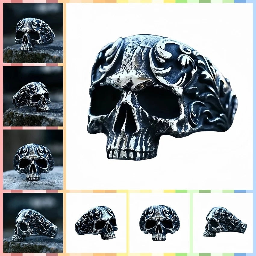 Men Gothic Skull Ring Detailed Carved Skeleton Design Vintage Silver Plated Band # R288