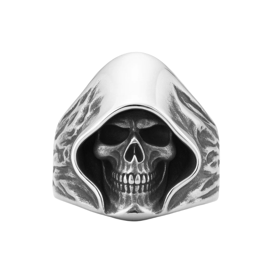 Men Grim Reaper Skull Ring Gothic Hooded Skeleton Design Biker Silver Tone Band # R87