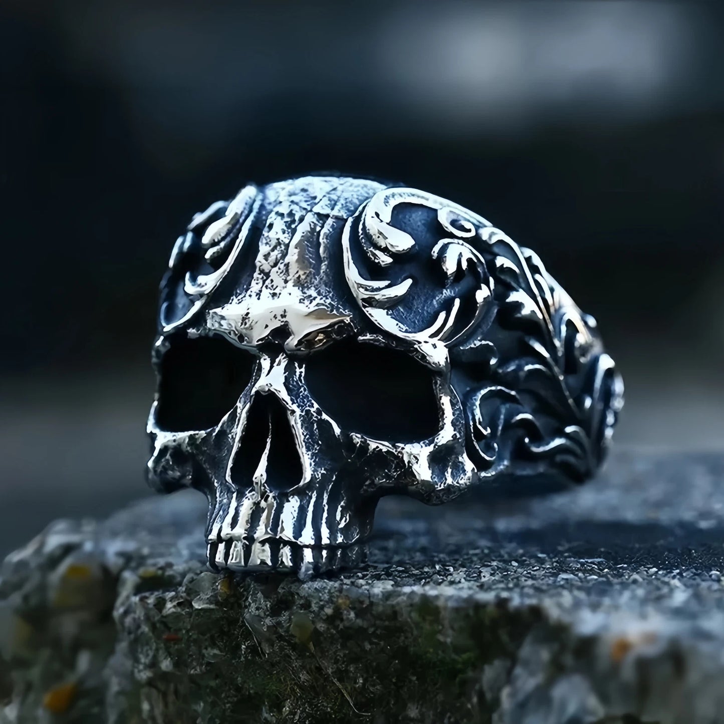 Men Gothic Skull Ring Detailed Carved Skeleton Design Vintage Silver Plated Band # R288